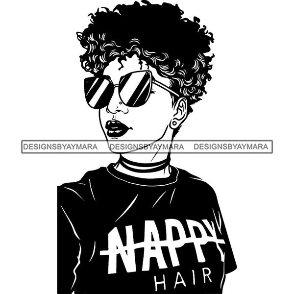 Melanin Woman Portrait Wearing Sunglasses Short Hairstyle Nappy Hair African-American Natural Hair SVG PNG JPG Cricut Print Cutting Designs