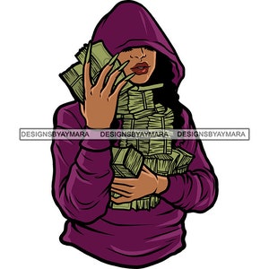 May include: A woman wearing a purple hooded sweatshirt holds a large stack of cash in front of her face. The cash is green and appears to be UK currency.