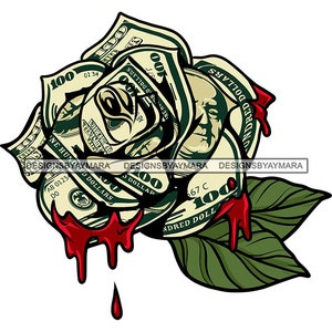 Green Rose Flower Money Pattern Logo Design Dripping Blood Petals Dollar Cash Bank Franklin Grind Hustle SVG PNG JPG Vector Cutting Designs