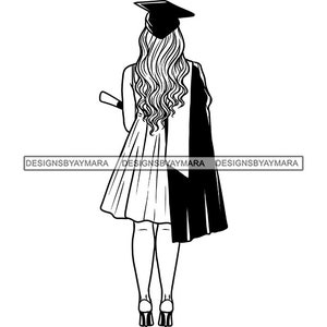 Graduación Mujer sosteniendo Diploma Grado Bata Gorra Borla Graduación Graduado Ceremonia Éxito Logro SVG PNG JPG Diseño de corte de impresión Cricut
