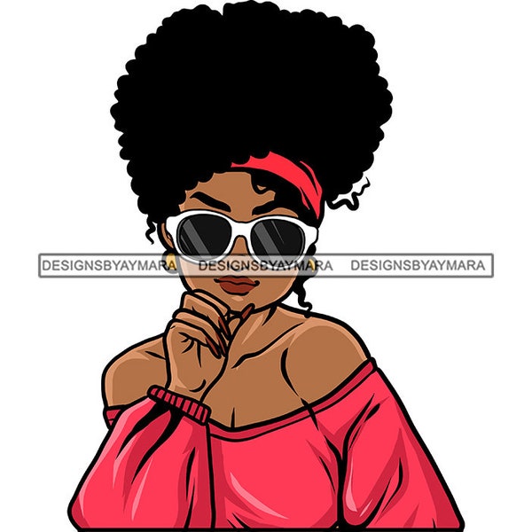 Fashionable Afro Woman Pink Blouse Trendy Headband Fashion Glasses Hand On Her Face Modish Dapper SVG PNG JPG Cricut Print Cutting Designs