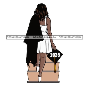 Graduate Walking Up Stairs White Dress Carrying Black Cap And Gown Graduation SVG JPG PNG Vector Designs Clipart Cricut Silhouette Cutting