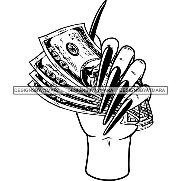 Woman Hand Holding Money Cash Hustler Grind Manicure Beauty Care Glamour Business Logo Long Nail Salon Spa SVG PNG JPG Vector Cutting Design