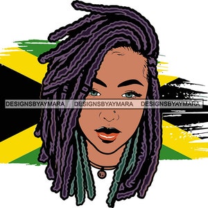 Jamaicansk flagga stolt dam melanin dreadlocks frisyr melanin poppar kvinnligt mode flöde SVG .JPG .PNG vektor clipart Cricut klipp klippning