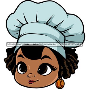 Melanin Woman Chef Potrait Cartoon Style Locs Hair Big Eyes Unifor Culinary Hat Cooker Boss Young Lady SVG PNG JPG Vector Cutting Designs