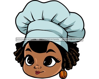 Woman Chef Potrait Cartoon Character Style Locs Hair Big Eyes Unifor Culinary Hat Cooker Boss Young Lady SVG PNG JPG Vector Cutting Design