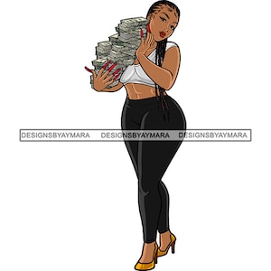 May include: A woman with long black braids is holding a large stack of cash in her arms. She is wearing a white crop top, black trousers, and gold high heels.