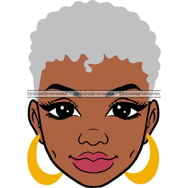 Beautiful African American Woman Portrait Gray Short Hairstyle Hoops Earrings Dimple Face Curly Hair SVG PNG JPG Cricut Print Cutting Design