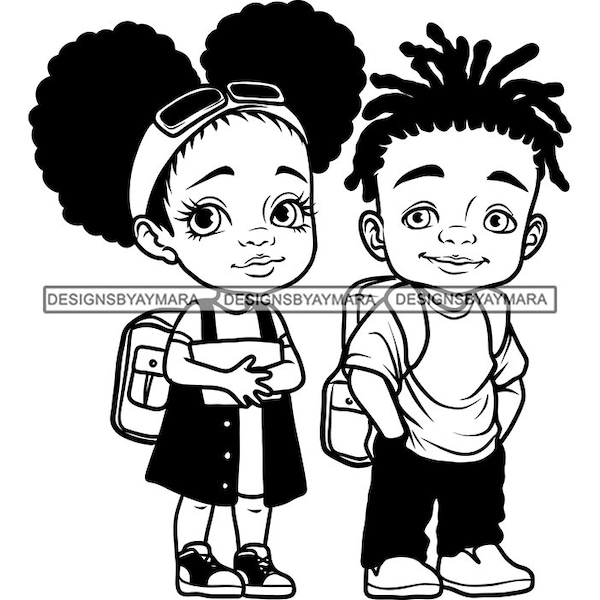 Sister and Brother Going School Togueter Students Children Backpack Toddler Girl Boy Afro Puff Locs Hair SVG PNG Cut Sublimation Designs