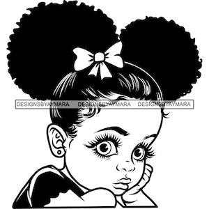 Adorable Baby Girl Portrait Big Eyes Cute Lovable Toddler Child Cartoon Style Afro Puff Ponytail Hair SVG PNG JPG Vector Cutting Designs