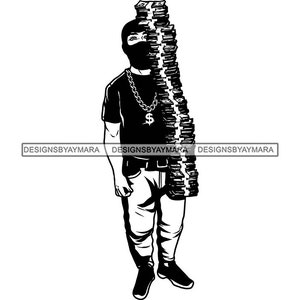 May include: A black and white illustration of a person wearing a black ski mask and a gold chain with a dollar sign pendant. The person is holding a large stack of money on their shoulders.