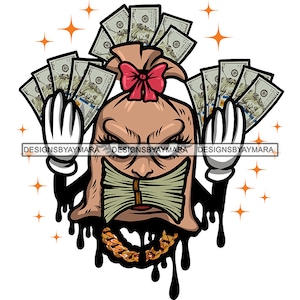 Saco de dinheiro feminino personagem de desenho animado segurando dinheiro dinheiro mordendo dinheiro hustler apressado pingando moagem svg png jpg cricut imprimir desenhos de corte