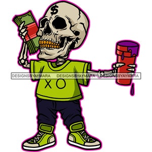 Schedel jongen stripfiguur dragen geld stapel holding cap paarse drank tattoo squeleton dood SVG PNG JPG cricut print snijden ontwerpen
