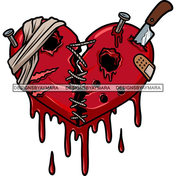 Red Broken Heart Sadness Knife Stab Bullets Holes Dripping Blood Stitches Nail Bandage Scars Painful SVG PNG JPG Cricut Print Cutting Design