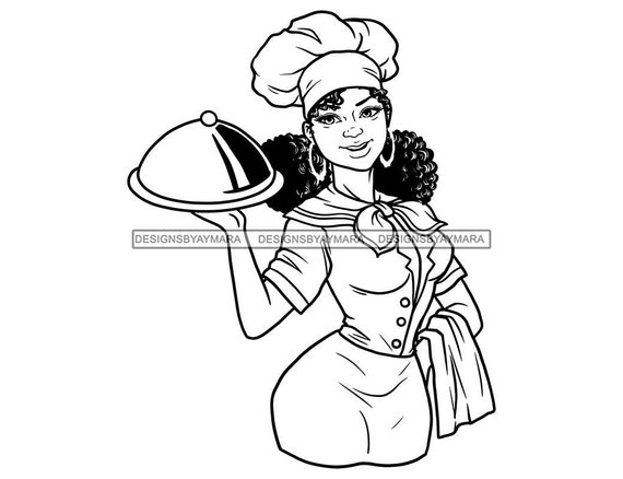Donna Nera Chef Uniforme Che Serve Piatto Chef Cappello Cuoco Baker Cibo  Caldo Bw SVG JPG PNG Vettoriale Disegni Clipart Cricut Silhouette Taglio -   Italia
