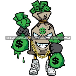Money Cartoon Character Holding Money Bags Dripping Cash Bank Trap House Dope Boy Gold Chain Hip Hop Rap SVG PNG JPG Vector Cutting Designs