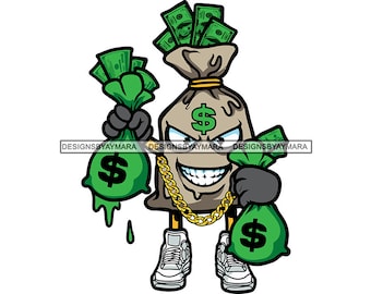 Money Cartoon Character Holding Money Bags Dripping Cash Bank Trap House Dope Boy Gold Chain Hip Hop Rap SVG PNG JPG Vector Cutting Designs