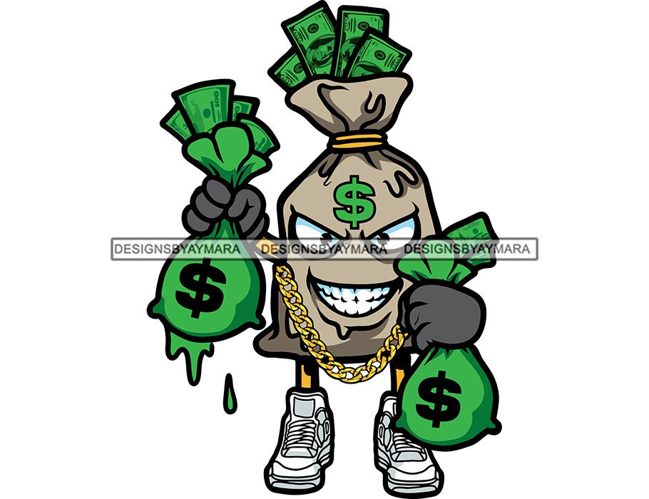 Money Cartoon Character Holding Money Bags Dripping Cash Bank Trap House Dope Boy Gold Chain Hip Hop Rap SVG PNG JPG Vector Cutting Designs