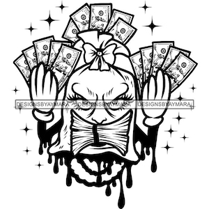 Vrouwelijke geldzak stripfiguur geld vasthouden contant geld bijten stapel Hustler Hustling Grind SVG PNG JPG Cricut Print Cut Cutting Designs