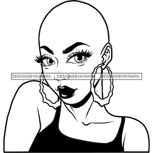 Bald Beautiful Woman Portrait Big Eyes Hoops Earrings Beauty Alopecia Therapy Female Balding Person SVG PNG JPG Cricut Print Cutting Designs