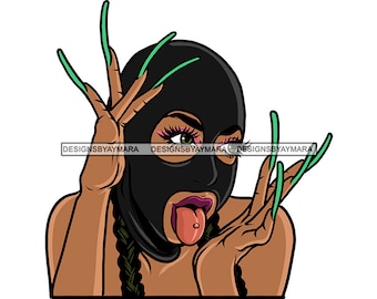 Gángster Melanina Mujer Máscara de esquí Pasamontañas Ladrón Crimen Uñas largas Lengua Pierce Ghetto Street Girl SVG PNG JPG Cricut Diseños de corte de impresión