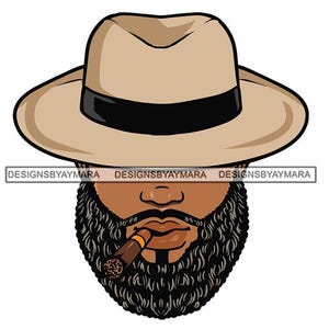 Puede incluir: Una ilustración de dibujos animados de una persona con un fedora marrón, una barba negra espesa y un cigarro marrón en la boca.