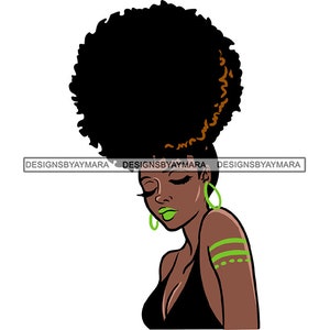 May include: A digital illustration of a woman with a large afro hairstyle. She has brown skin, closed eyes, and is wearing green eyeshadow and lipstick. She is wearing a black sleeveless top and green earrings.
