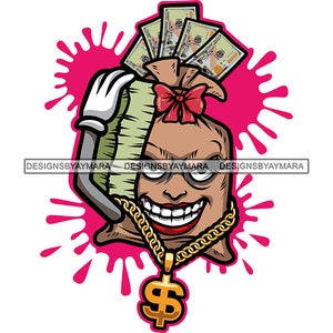Money Bag Woman Cartoon Character Carrying Money Stack Cash Hustler Hustling Gold Chain Splash SVG PNG JPG Cricut Print Cut Cutting Designs