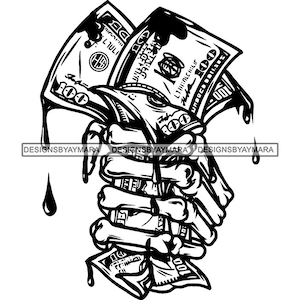 Skull Hand Holding Money Dollar Cash Dripping Blood Bleeding Scary Skeleton Tattoo Creepy Bones SVG PNG JPG Cricut Print Cut Cutting Designs
