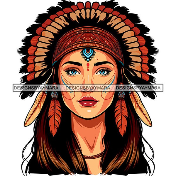 Cherokee Woman Face Warrior Shaman American Indian Traditional Headdress Native Tribal Girl Tribe SVG PNG Artwork Cut Sublimation Designs