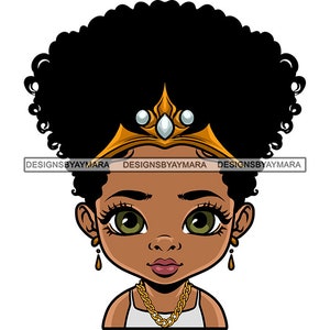 Princess Adorable Black Baby Girl Portrait Big Eyes Cute Toddler Child Crown Little Queen Cartoon Style SVG PNG JPG Vector Cutting Designs