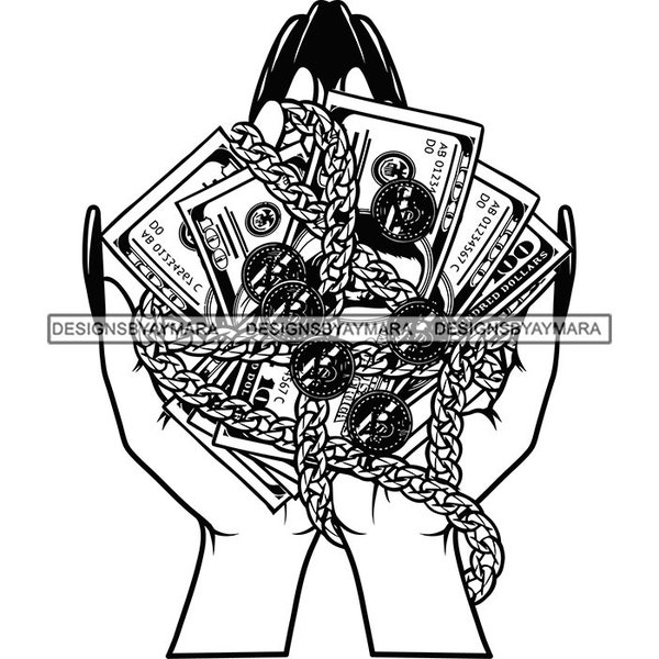 Female Woman Hands Carrying Money Cash Dollar Gold Chain Coins Long Nails Influencer Hustler Boss Lady SVG PNG JPG Vector Cutting Designs