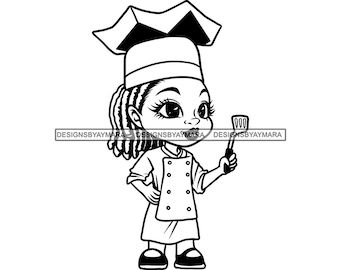 Melanin Woman Chef Cartoon Character Style Locs Hair Uniform Culinary Hat Business Logo Cooker Young Lady SVG PNG JPG Vector Cutting Designs