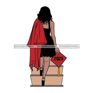Graduate Woman Walking Up Stairs Red Dress Carrying Cap Gown Graduation Ceremony Student SVG JPG PNG Vector Cricut Silhouette Cutting Design