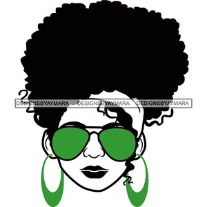 May include: Black and white silhouette of a person with an afro hairstyle wearing green sunglasses and large green hoop earrings.