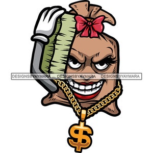Money Bag Woman Cartoon Character Carrying Money Stack Evil Smile Pink Bow Hustler Hustling Grind SVG PNG JPG Cricut Print Cutting Designs