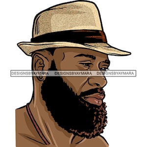 May include: A digital illustration of a man with a beard wearing a tan fedora with a black band. The man is looking to the right.