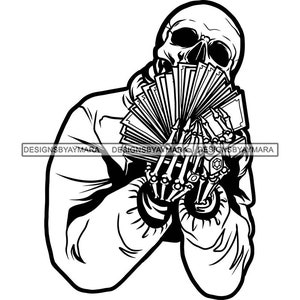 Hustler Man Skull Cartoon Charakter Hält Geld Cash Hustling Grind Tattoo Squeleton Death SVG PNG JPG Cricut Print Cut Cut Cut Designs