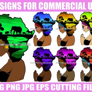Afrikaanse vrouw bidden bidden Safari Bundel 7 ontwerpen voor commercieel gebruik verschillende kleuren etnische wilde dieren SVG PNG JPG vector snijden bestanden