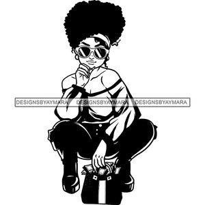 Afro Woman Squatting Position Wearing Headband Fashion Glasses Purse Money Cash Dope Girl Hustler SVG PNG JPG Cricut Print Cutting Designs