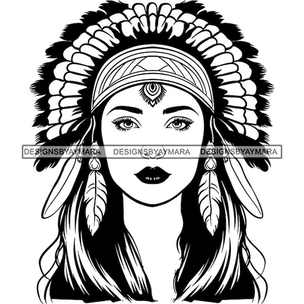 Cherokee Woman Portrait Warrior Shaman American Indian Traditional Headdress Native Tribal Girl Tribe SVG PNG Artwork Cut Sublimation Design