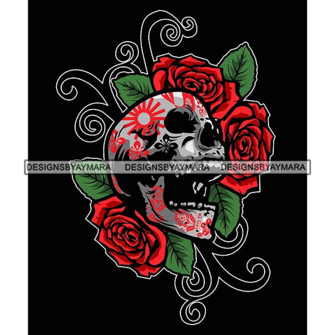 Sugar Skull Head in A Bed of Red Roses Skeleton Mouth Open in