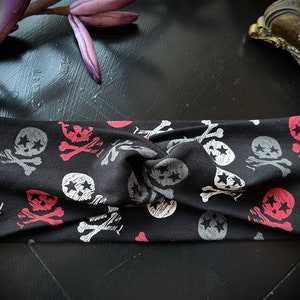 Knot hairband headband skulls, black-white-red, cuddly soft, rockabilly knot headband hair band bandeau bandana yoga gothic