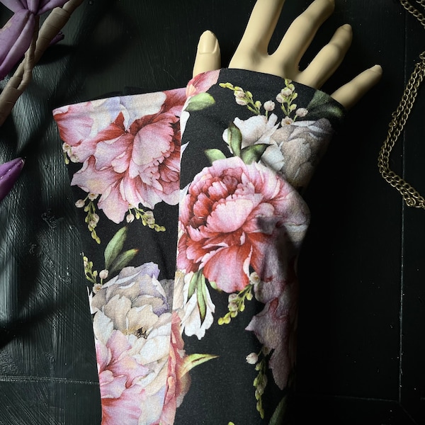 Puños Flores oscuras, rosas, negros, calentadores de manos, hermosos, suaves y cómodos, protectores de brazos, calentadores de muñecas - Gótico - Steampunk