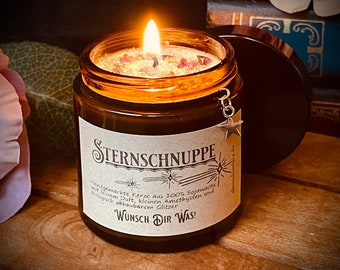Handgemachte Sojakerze Sternschnuppe, Duftkerze aus reinem Sojawachs, Amethyste, 120 ml Apothekerglas, hübsches Geschenk, Wellness, Gothic
