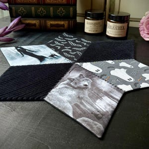 Könnte beinhalten: Ein schwarzer und weißer Patchwork-Untersetzer in Sternform mit verschiedenen Halloween-Motiven, darunter ein Wolf, ein Geist und eine Hexe.