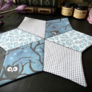 Könnte beinhalten: Ein sechszackiger sternförmiger Tischläufer mit Patchwork-Design. Der Läufer besteht aus verschiedenen Stoffen mit verschiedenen Mustern, darunter Gingham, Paisley und ein blauer Stoff mit einer schwarzen Eule und Ästen.