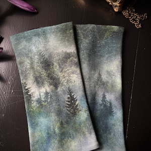 Cuffs forest, trees & fog, blue-green, beautiful hand warmers, cuddly soft, warm, arm protectors, arm warmers, wrist warmers - Gothic