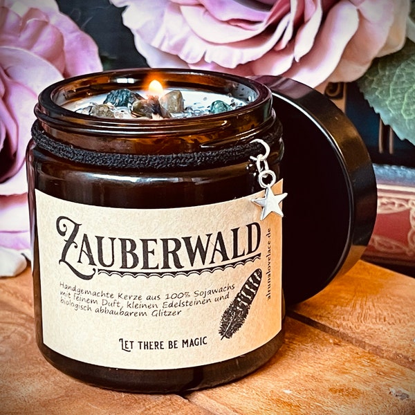 Handgemachte Sojakerze Zauberwald, Duftkerze aus reinem Sojawachs, Apothekerglas, 120 ml, hübsches Geschenk, Soy Wax, Wellness - Gothic