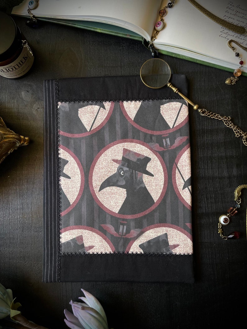 Book cover plague doctor, flowers, unique, patchwork, booksleve, book bag, book cover, for books, tablet & e-reader, bookmark, gift, gothic image 1